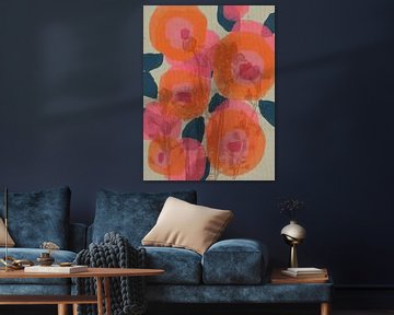 Kleurrijke botanische kunst in roze, oranje, wit en blauw. Monotypes weidebloemen. van Dina Dankers