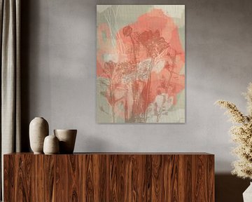 Botanische kunst in pastel terra, roze, wit en grijs. Monotypes weidebloemen. van Dina Dankers