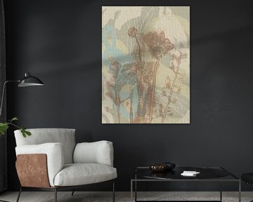 Botanische kunst in licht terra, wit, blauw, grijs. Monotypes weidebloemen. van Dina Dankers