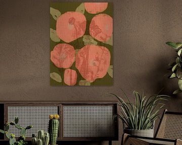 Kleurrijke botanische kunst in warm groen en roze. Monotypes weidebloemen. van Dina Dankers