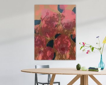 Kleurrijke botanische kunst in neonroze, bruin, blauw. Monotypes weidebloemen. van Dina Dankers