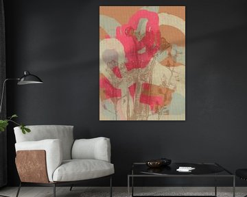 Kleurrijke botanische kunst in neonroze, bruin, wit, blauw. Monotypes weidebloemen. van Dina Dankers