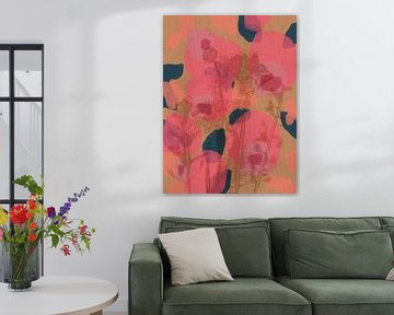 Kleurrijke botanische kunst in neonroze, koraal, blauw en bruin. Monotypes weidebloemen. van Dina Dankers