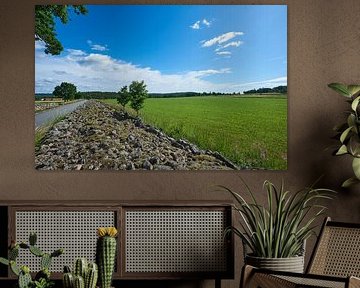 Steinmauer in schwedischer Landschaft