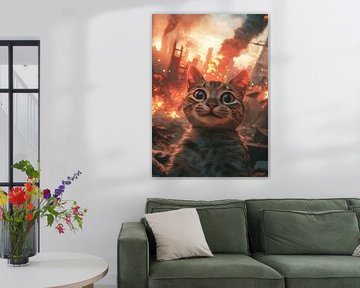 Katze macht Selfie vor brennender Großstadtkulisse