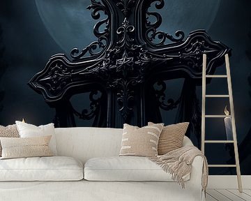 Verzierte schwarze Kreuzskulptur im Mondlicht