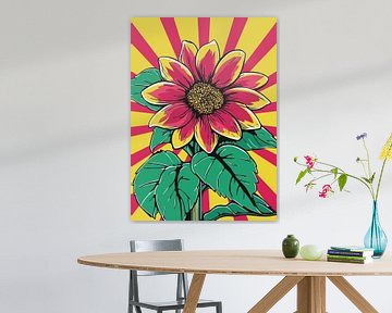 Tournesol rouge sur fond de rayons jaunes et rouges