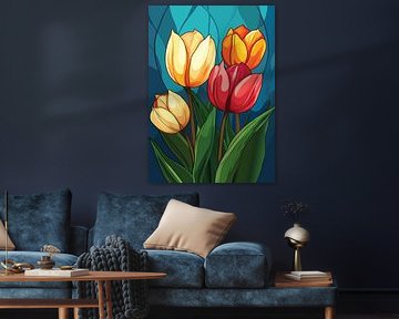 Des tulipes colorées sur fond bleu
