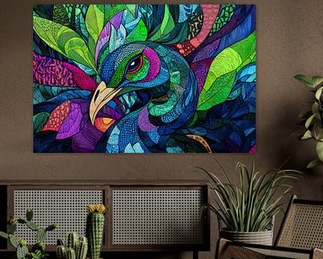 Pauw met kleurrijke abstractie