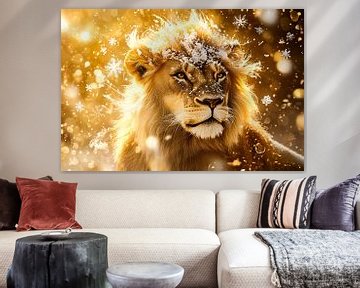 Leeuw met sneeuw en gouden licht van Art & Soul Creations