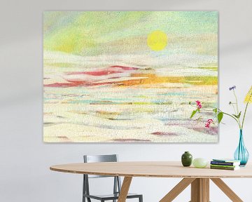 Landschap Japandi 2 met gele maan van Claudia Gründler
