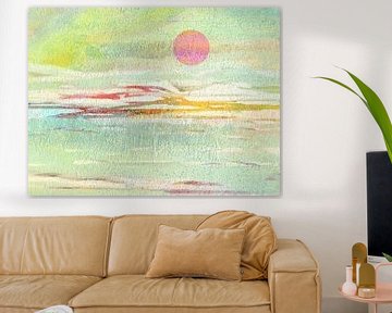 Landschap Japandi 22 met maan in roze van Claudia Gründler