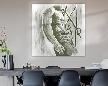 De wachter, man bij hek, olijfgroen van Krista Kitsz Art