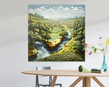 landschap rivier vallei heuvels bomen surrealistische bossen dieren fantasie van gm_designs