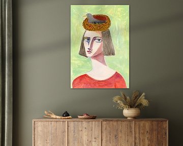 Bird Lady naïef kunstportret van vrouw, figuratieve kunst, vrouw, van Sharyn Bursic