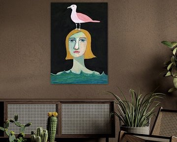 Lover of the sea, bird lady, swimmer, swimming, wild swimming, ocean, sea, seagull, bird, naive art, modern art by Sharyn Bursic