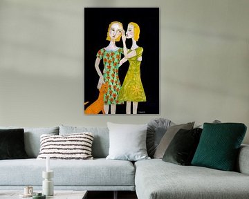 Vriendschap, zussen, vrienden, kat, katten, gemberkat, oranje kat, illustratie, naïeve kunst van Sharyn Bursic