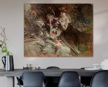 Giovanni Boldini - Das Ballkleid (Interieur mit nähendem jungen Mädchen) von Peter Balan