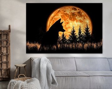 Silhouet wolf bij volle maan
