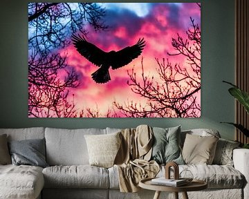 Vogel silhouet in kleurrijke lucht van Art & Soul Creations
