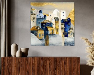 Stadsgezicht huizen blauw wit goud abstract harmonisch