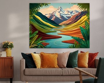 Kronkelige rivier door een levendige vallei van Artistic