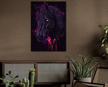 Cheval noir à l'œil rouge vif