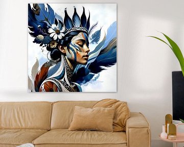 Een vrouw met blauwe veren