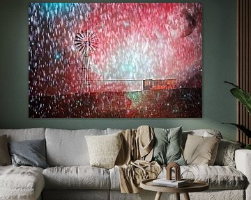 Windturbine waterpomp in de regen mixed media van Werner Lehmann