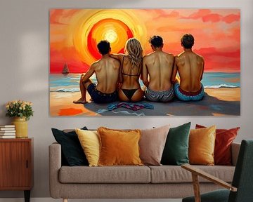In the light of the last sun - Four young people on the beach in the red sunset by AidasignArt