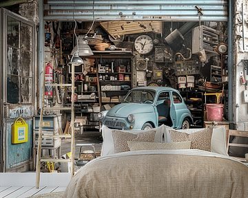 FIAT 500 hellblau Werkstatt Oldtimer Reparatur Vergänglichkeit