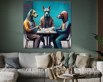 Antropomorfe honden vergadertafel zitten surrealistisch