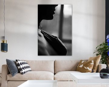 Black and white boudoir photography, hand, mouth half exposed, erotic and sensual