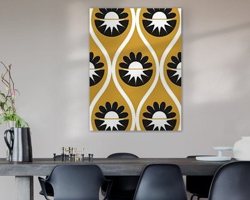 Retro 70s illustration black and white flowers ochre yellow by Amber