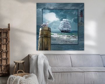 Collage mit Segelschiff und Leuchtturm von Monika Jüngling