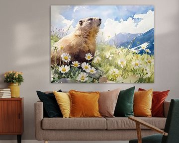 Marmot Weide Hoge bergen Bloemen Lucht Wolken Alpen van gm_designs
