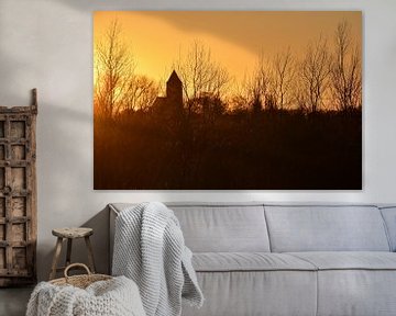 Sunset, church tower Zalk along the IJssel river by Carmen Nijenhuis