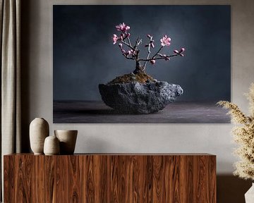 Stillleben Bonsai mit rosa Blüte auf türkisem Hintergrund von Digitale Schilderijen