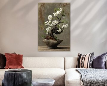 Stillleben Miniaturbonsai mit Blüte und Moos von Digitale Schilderijen