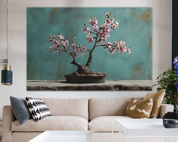Stilleven Bonsai op rots met roze bloesem van Digitale Schilderijen