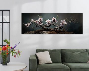 Bonsai met witte bloei op kromme stam stilleven panorama van Digitale Schilderijen