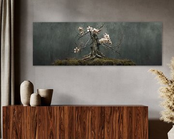 Amandelbloesem bonsai op ruwe stenen basis stilleven panorama