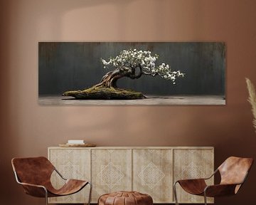 Bonsai met witte amandelbloesem stilleven panorama van Digitale Schilderijen