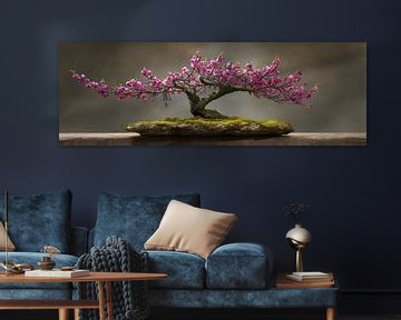 Bonsai met roze bloesem op rustieke sokkel stilleven panorama van Digitale Schilderijen