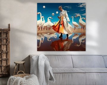 Surreal vrouw witte vogels weerspiegeling wateroppervlak strand