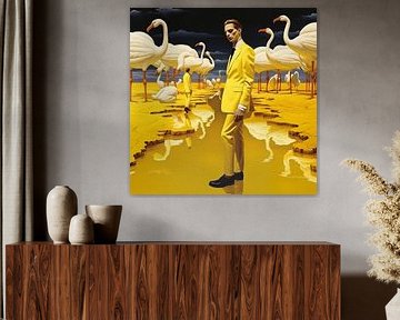 Surrealistische mannen geel water witte vogels flamingo's