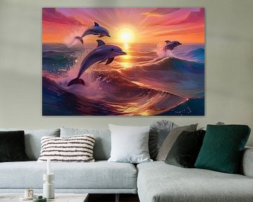 dauphins sautant dans la mer au coucher du soleil sur Jörg B. Schubert