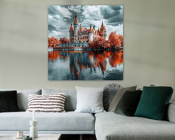 kasteel water weerspiegeling torens daken majestueuze droom