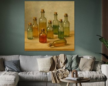 Apothekersflesjes in warme kleuren. Stilleven van Basahen