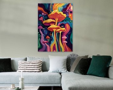 Champignons jaunes dans un tourbillon de couleurs psychédéliques sur Pixelbull Design